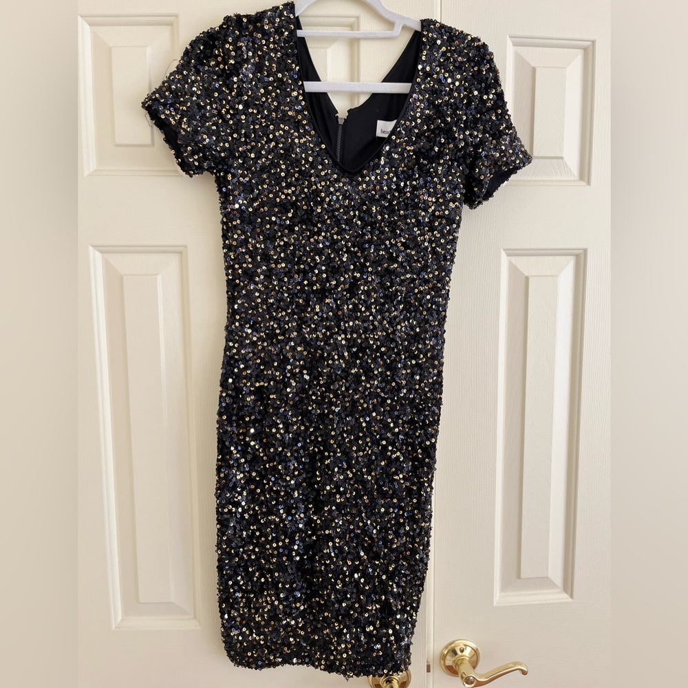 Heartloom Black and Gold Puff Sleeve V-Neck Mini Dress